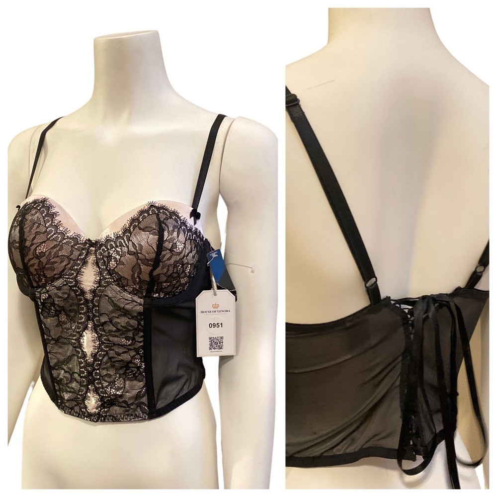 NWT DELICATES Black and Pink Lace Up Bustier, size 36B